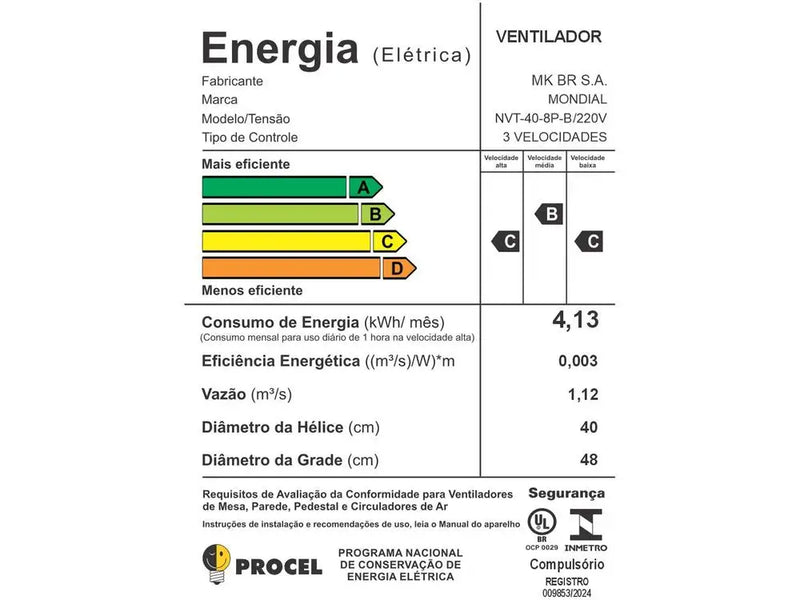 Ventilador de Mesa Mondial Turbo NVT-40-8P-B 40cm 8 Velocidades 3 Velocidades Preto e Prata 220V