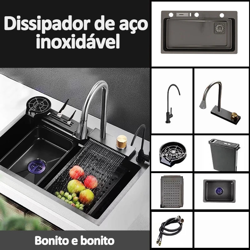 Conjunto de Pia de Cozinha Estiloso em Aço Inox com Copos e Torneira Dourados – Ideal para Preparar Vegetais Frescos!