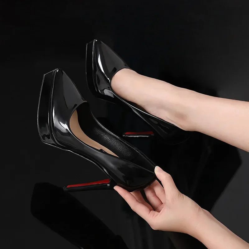 Scarpin Feminino 10cm/12cm Nude Salto Alto Stiletto Bico Fino em Couro Verniz Plataforma Festa 2024