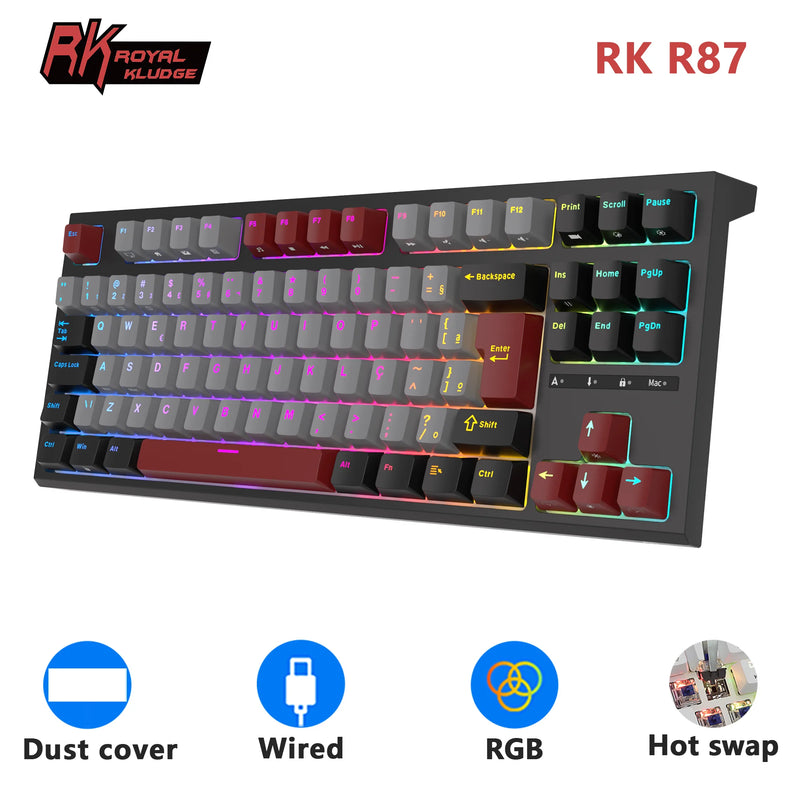 Teclado Gamer RK Royal Kludge R87 com Fio – 87 Teclas, RGB Retroiluminado, Mecânico Hot-swappable, Teclas Personalizadas