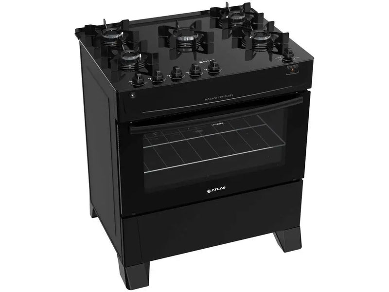 Fogão 5 Bocas Atlas Preto com Mesa de Vidro, Tampo Monaco de Vidro - Bivolt