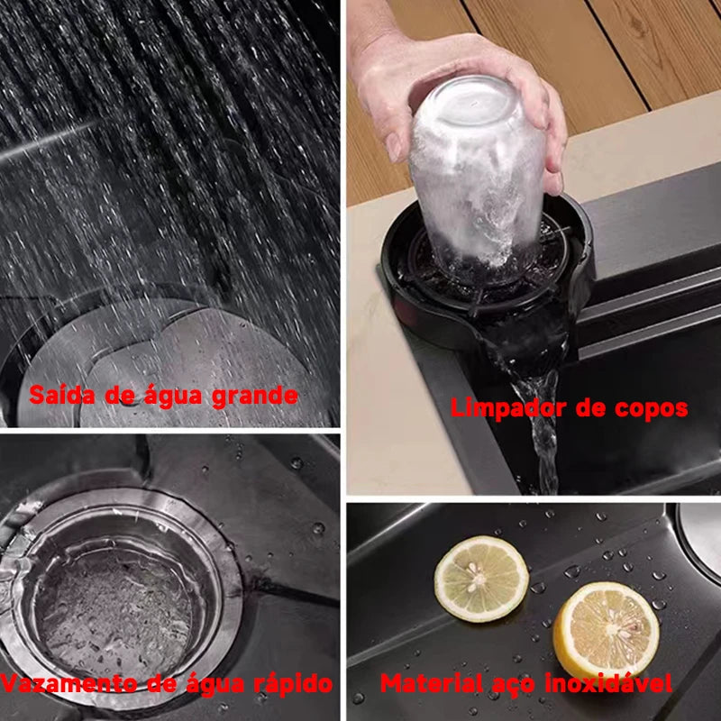 Conjunto de Pia de Cozinha Estiloso em Aço Inox com Copos e Torneira Dourados – Ideal para Preparar Vegetais Frescos!