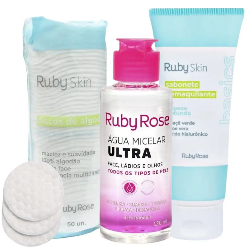 Kit com 3 Itens – Cuidados com a Pele Ruby Rose, Limpeza e Hidratação Completa