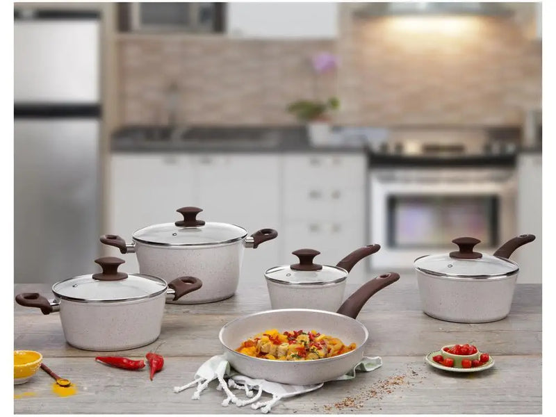 Conjunto de Panelas Brinox em Alumínio com Revestimento Cerâmico Vanilla 5 Peças – Optima