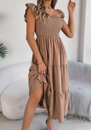 Saia Longa Feminina 2025 – Verão, Cor Lisa, Decote Quadrado, Borda Tipo Cogumelo, Cintura Ajustada, Modelo A-Line, Vestido Elegante Justo tipo Camisola