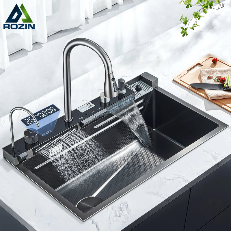 Pia de Cozinha em Aço Inoxidável com Torneira e Display Digital, Cubo Único Grande, Efeito Cascata Chuva, Sistema 5 Funções, Bacia para Louça