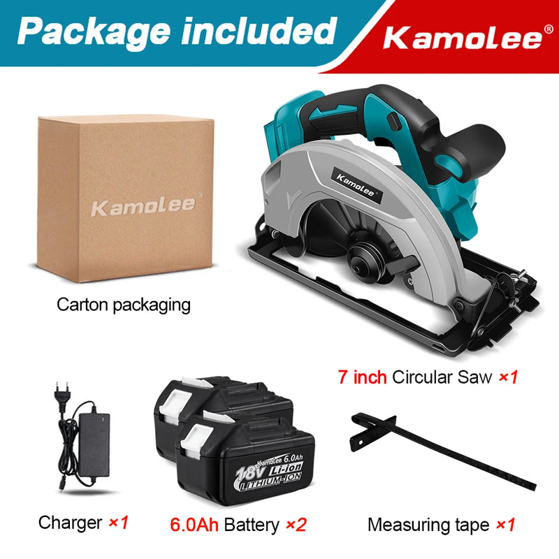 Serra Circular Elétrica Kamolee – 7 polegadas  21V / 6.0Ah / 6000mAh – Para Uso Doméstico e DIY Compatível com baterias de 18V e 21V