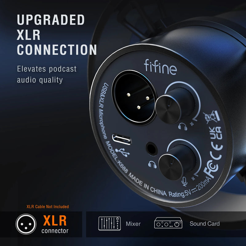Microfone Dinâmico XLR FIFINE para Gravação com Monitoramento em Tempo Real Microfone USB para Streaming com Controle de Ganho/Toque para Mudo – Modelo K688