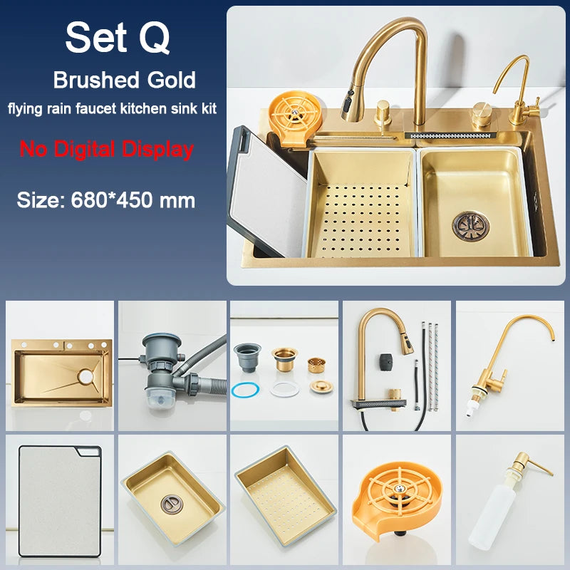 Pia de Cozinha em Aço Inoxidável com Torneira 75x45 cm, Cubo Único Grande, Display Digital, Bacia para Louça, Efeito Cascata, Torneiras de Água Quente e Fria