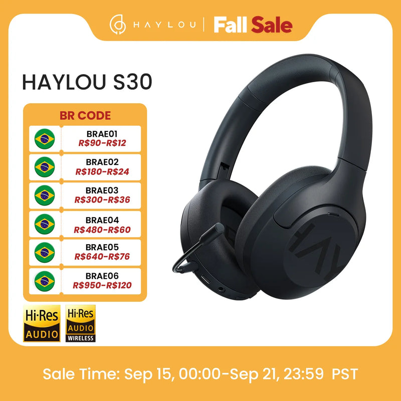 HAYLOU S30 Wireless Bluetooth 5.4 Headphones With Mic Noise Cancelling Headsets Hi-Res Audio 43dB Active 40mm Driver Earphones