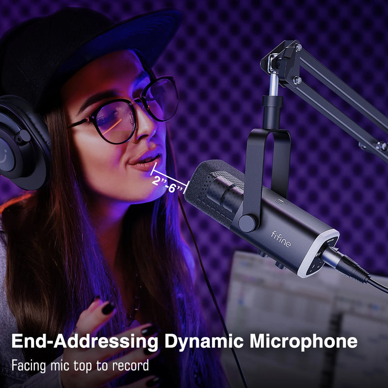 Kit de Microfone Dinâmico FIFINE AM8T XLR – Com Braço Articulado, RGB, Controle de Volume, USB, Para PC e PS4/PS5
