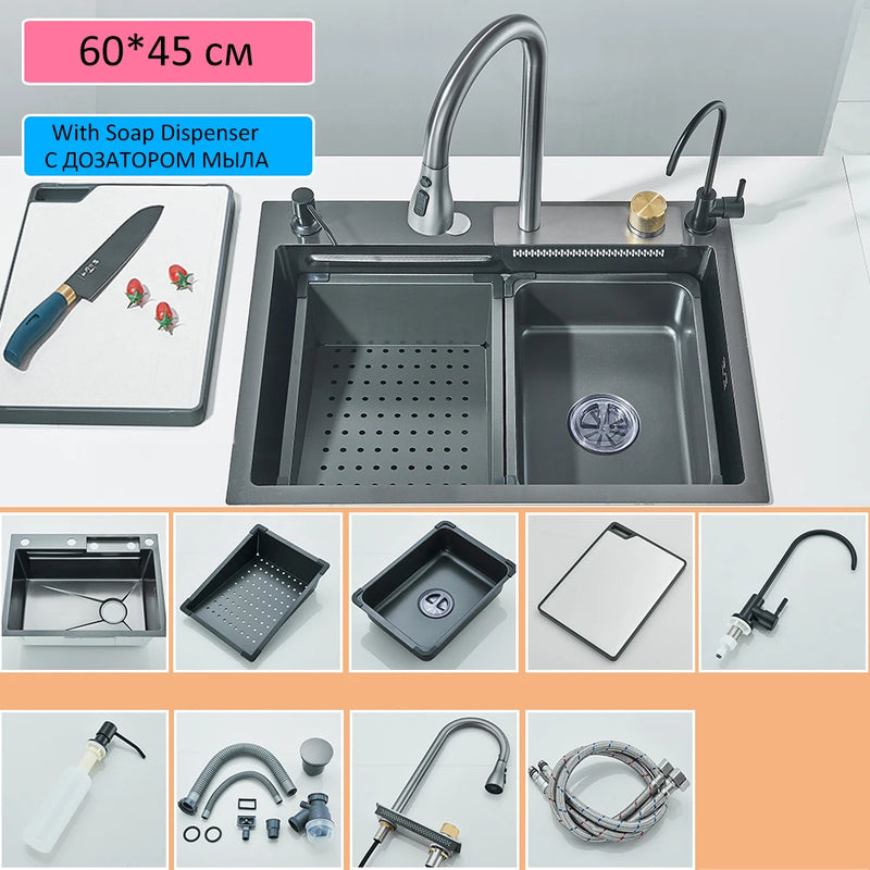 Pia de Cozinha em Aço Inoxidável 304 com Efeito Cascata, Cubo Único Grande, Torneira com Display Digital Integrado, Dosador de Sabão e Lavador de Copos