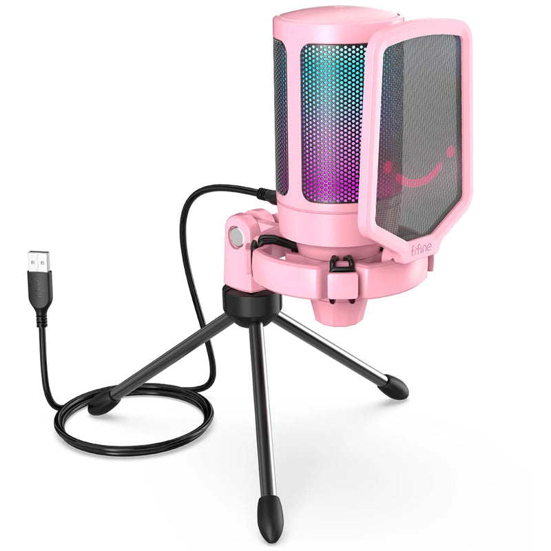 Microfone Gamer FIFINE A6V USB com RGB – Microfone Condensador para PC, Streaming, com Pop Filter, Suporte Anti-Vibração, Controle de Ganho, Plug & Play