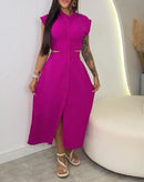 Vestido Casual Feminino 2025 – Primavera/Verão  Maxi Dress Longo com Recorte, Botões, Cintura Elástica e Versátil para Ocasiões