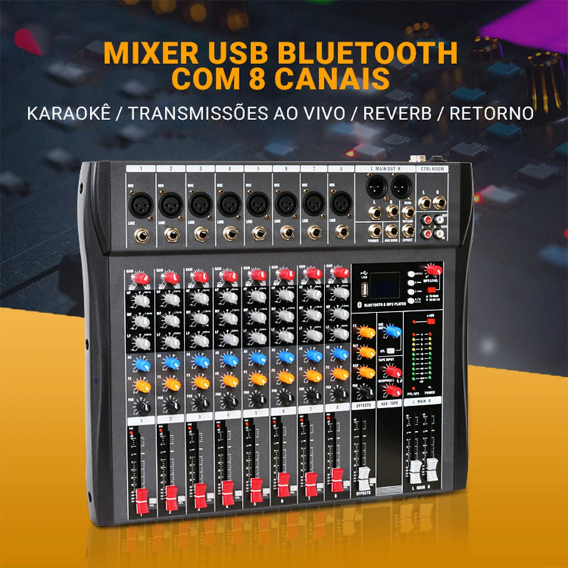 VEDO Mixer de áudio profissional portátil de 8 canais, console de mixagem de som com interface USB, MP3 digital, entrada para computador e gravação de áudio