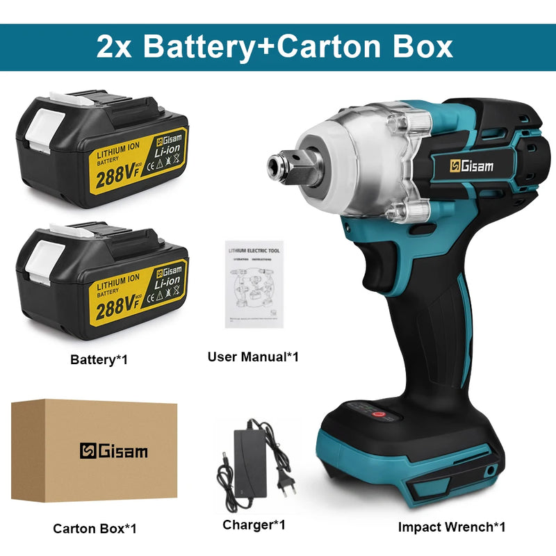 Chave de Impacto Elétrica Brushless Gisam 520N·M, Sem Fio, 1/2 Polegada, Compatível com Bateria Makita 18V, Ferramenta Elétrica para Parafusos