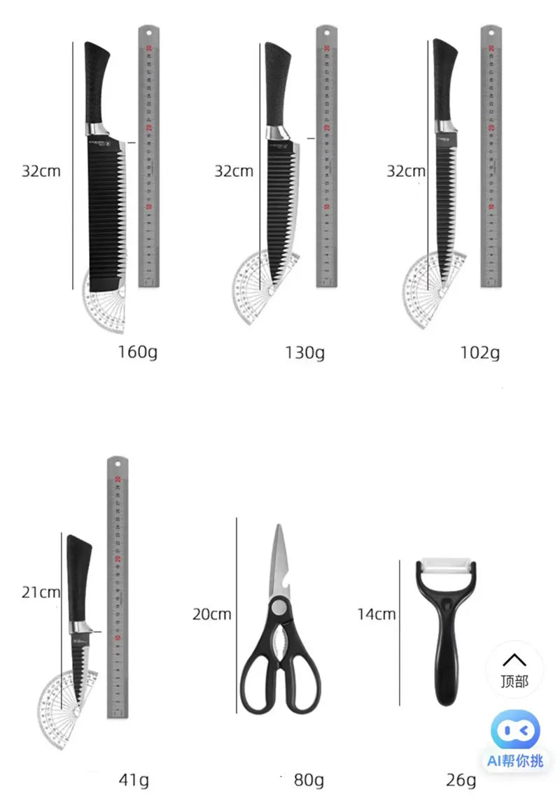 Conjunto de Ferramentas 6 Peças – Facas Black Wave em Aço Inoxidável: Faca de Chef e Faca para Frutas