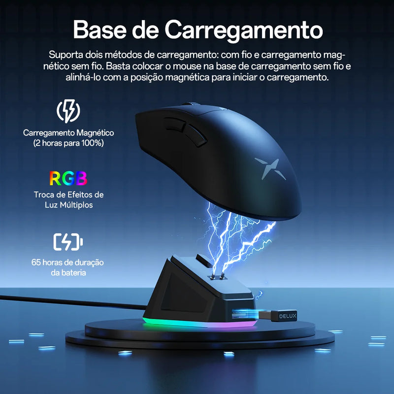 Mouse Gamer Sem Fio Delux M900PRO Taxa de Polling 8K PAW3395 RGB Base de Carregamento Design Ergonômico 63g Leve Para PC e Laptop