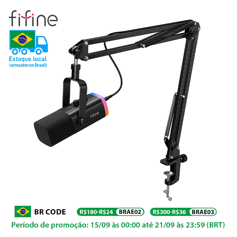 Kit de Microfone Dinâmico FIFINE AM8T XLR – Com Braço Articulado, RGB, Controle de Volume, USB, Para PC e PS4/PS5