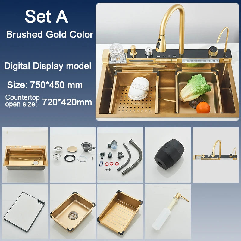 Pia de Cozinha em Aço Inoxidável com Torneira e Display Digital, Cubo Único Grande, Efeito Cascata Chuva, Sistema 5 Funções, Bacia para Louça