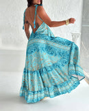 Vestido Feminino 2025 – Primavera/Verão, Última Moda, Estampa Floral, Decote V, Amarração, Alças Finas, Maxi Dress, Casual, Modelo A-Line com Saia Longa Franzida