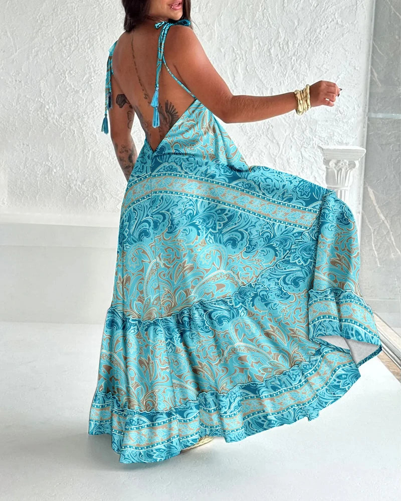 Vestido Feminino 2025 – Primavera/Verão, Última Moda, Estampa Floral, Decote V, Amarração, Alças Finas, Maxi Dress, Casual, Modelo A-Line com Saia Longa Franzida