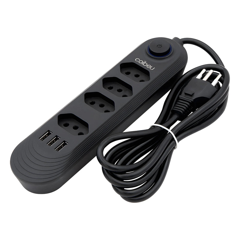 Extensão com 4 Tomadas, Bivolt, 2 Metros, Tomada Preta com 4 Saídas e USB, Régua de Energia, Extensão para Brasil