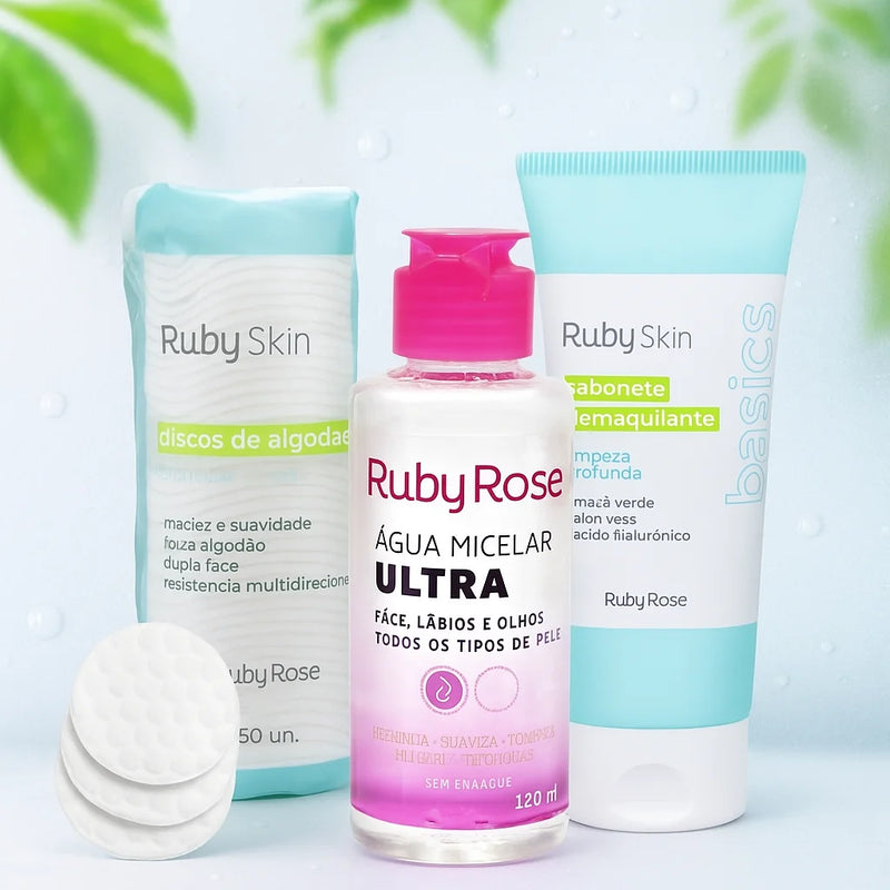 Kit com 3 Itens – Cuidados com a Pele Ruby Rose, Limpeza e Hidratação Completa