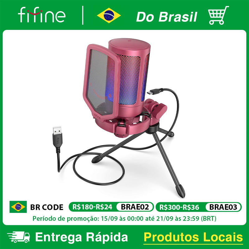 Microfone Gamer FIFINE A6V USB com RGB – Microfone Condensador para PC, Streaming, com Pop Filter, Suporte Anti-Vibração, Controle de Ganho, Plug & Play