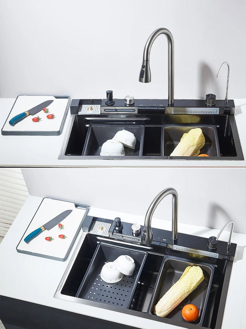Pia de Cozinha em Aço Inoxidável 304 com Efeito Cascata, Cubo Único Grande, Torneira com Display Digital Integrado, Dosador de Sabão e Lavador de Copos