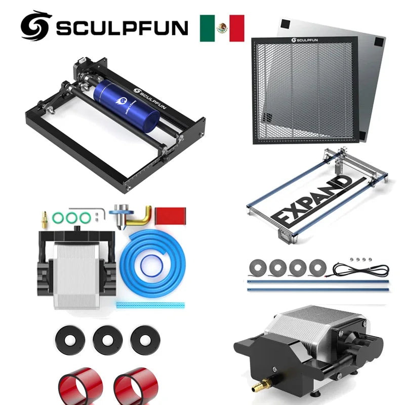Acessórios para Laser SCULPFUN S9/S10/S30 Kit de Expansão, Mesa de Trabalho Honeycomb, Mandril Rotativo para Laser, Kit de Bico Air Assist