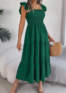 Saia Longa Feminina 2025 – Verão, Cor Lisa, Decote Quadrado, Borda Tipo Cogumelo, Cintura Ajustada, Modelo A-Line, Vestido Elegante Justo tipo Camisola