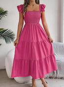 Saia Longa Feminina 2025 – Verão, Cor Lisa, Decote Quadrado, Borda Tipo Cogumelo, Cintura Ajustada, Modelo A-Line, Vestido Elegante Justo tipo Camisola