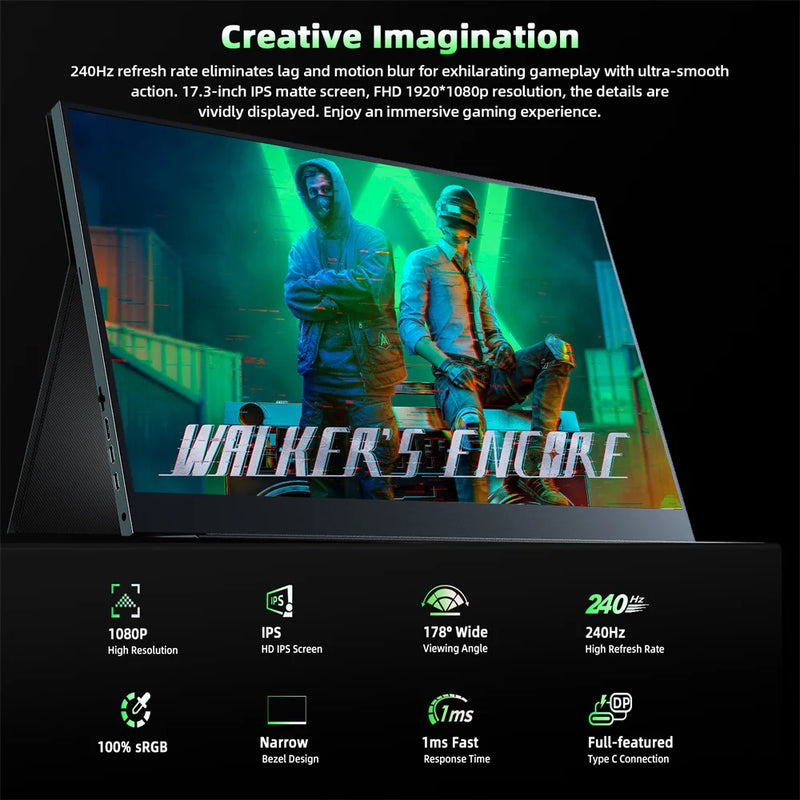 Monitor Gamer Portátil Cdisplay 17,3" 240Hz – Full HD 1080p, 100% sRGB, IPS, AMD FreeSync