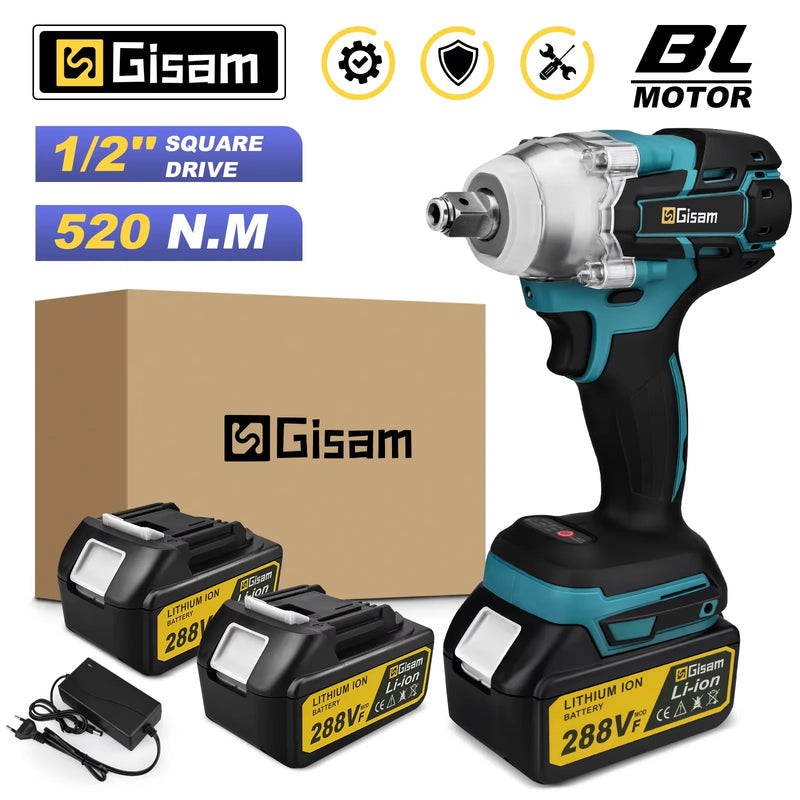 Chave de Impacto Elétrica Brushless Gisam 520N·M, Sem Fio, 1/2 Polegada, Compatível com Bateria Makita 18V, Ferramenta Elétrica para Parafusos