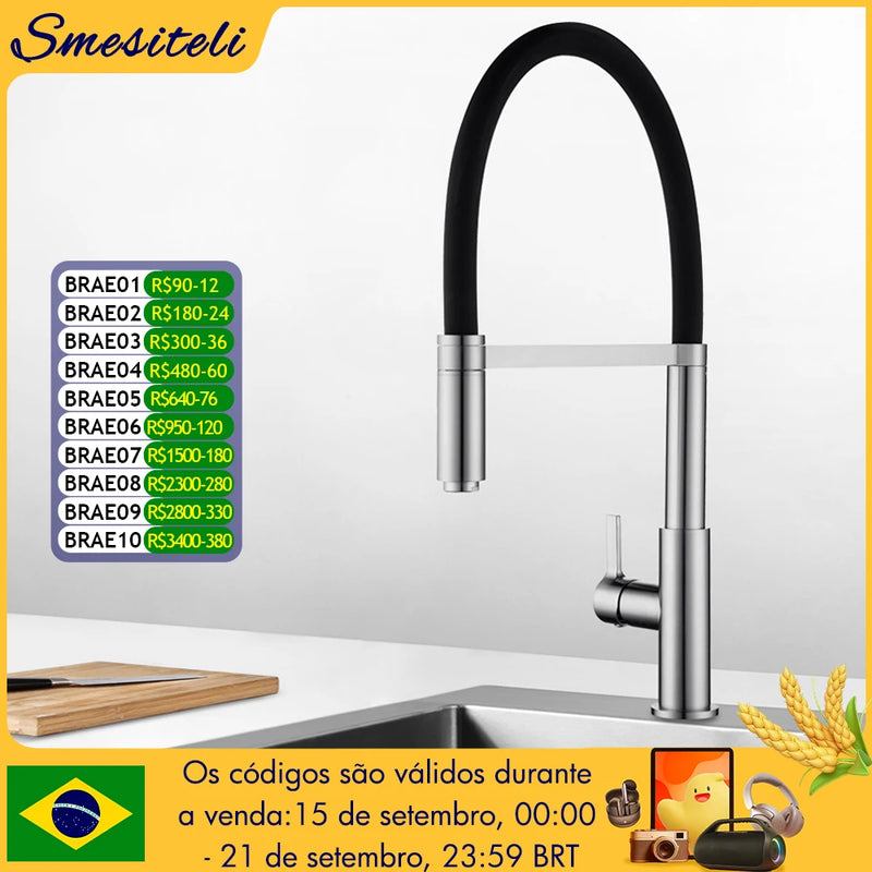 Torneira de Cozinha Smesiteli Redonda em Latão Preto Fosco, Monocomando, Furo Único, Misturador para Pia com Giro de 360°, Bica Retrátil