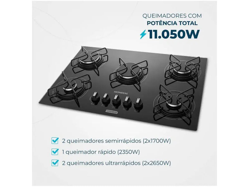 Cooktop 5 Bocas Mondial a Gás GLP Preto - Bivolt