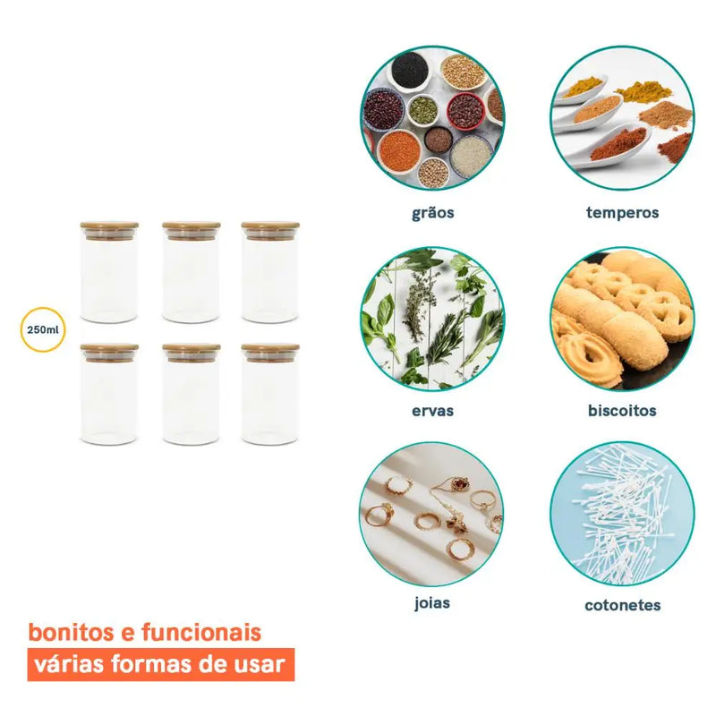 Conjunto com 6 Potes de Vidro Herméticos com Tampa de Bambu – 250 ml OIKOS