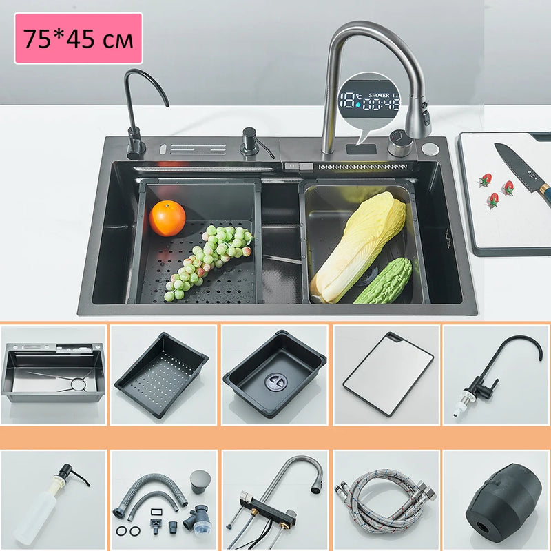 Pia de Cozinha em Aço Inoxidável 304 com Efeito Cascata, Cubo Único Grande, Torneira com Display Digital Integrado, Dosador de Sabão e Lavador de Copos