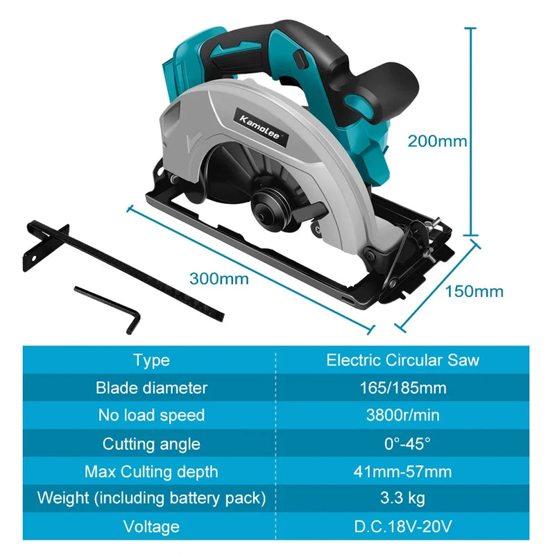 Serra Circular Elétrica Kamolee – 7 polegadas  21V / 6.0Ah / 6000mAh – Para Uso Doméstico e DIY Compatível com baterias de 18V e 21V