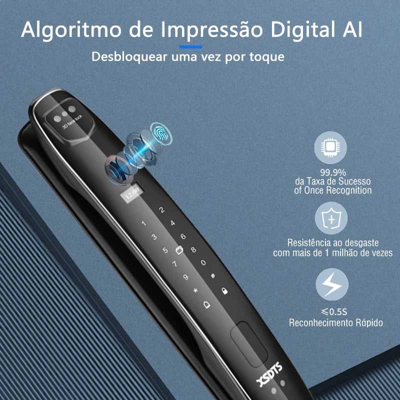 Fechadura Eletrônica Facial XSDTS Wifi, Biométrica, Impressão Digital, Fechadura Inteligente para Porta, Senha, Reconhecimento Facial 3D, Câmera, Fechadura Eletrônica
