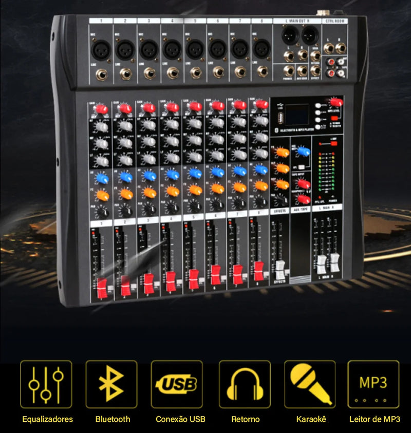 VEDO Mixer de áudio profissional portátil de 8 canais, console de mixagem de som com interface USB, MP3 digital, entrada para computador e gravação de áudio