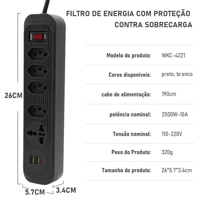 Extensão de 4 Tomadas com 3 USB Bivolt