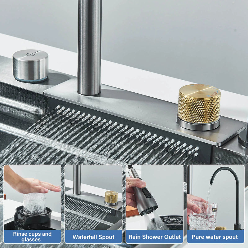 Pia de Cozinha em Aço Inoxidável 304 Cascata, Cuba Única Grande com Amplo Compartimento, Instalação Sobre o Balcão, com Suporte para Copos