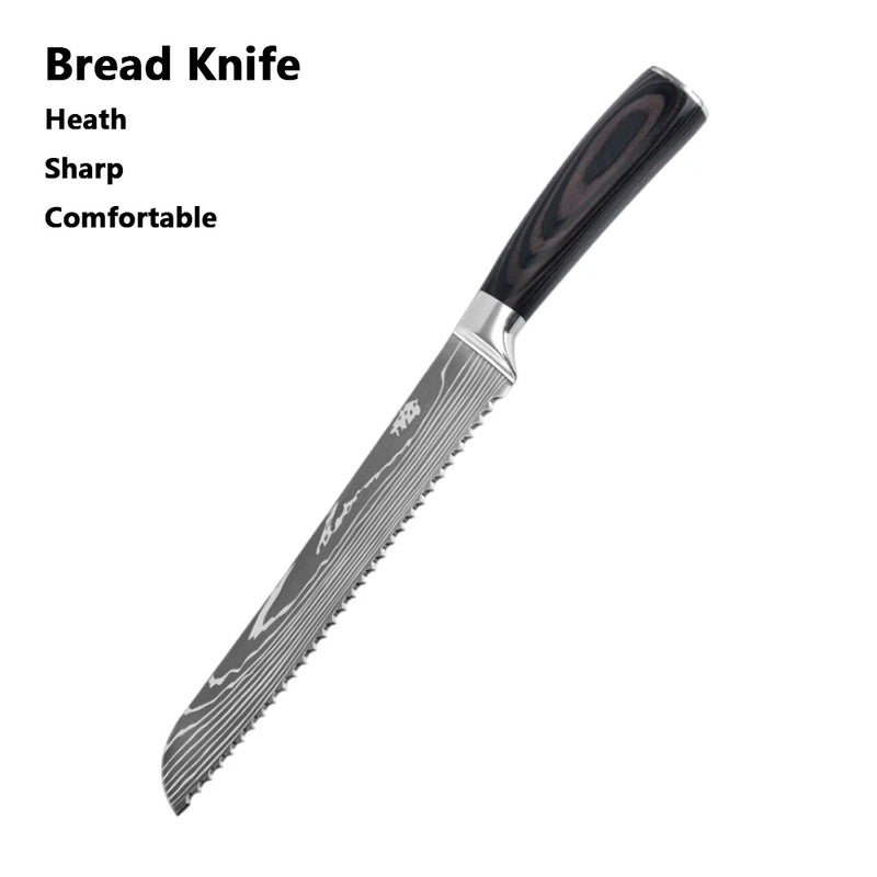 Conjunto de Facas de Chef 1 a 10 Peças – Facas de Cozinha com Padrão Laser Damascus, Faca Japonesa Santoku Afiada, Cutelo, Fatiadora e Utilitária