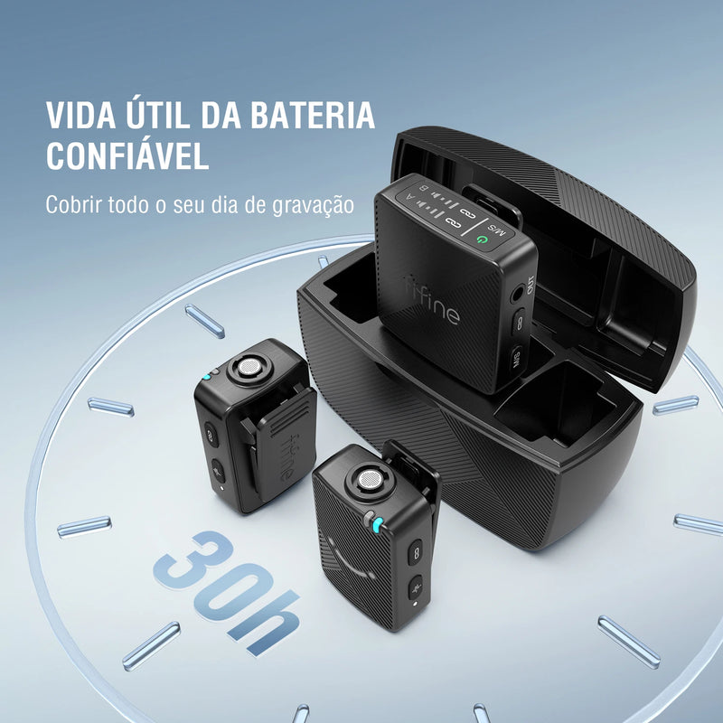Microfone de Lapela Sem Fio FIFINE M9 – Kit 2 Unidades, Sistema para Vlogs, Compatível com iPhone, Android, Câmera e Notebook