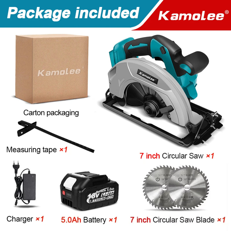 Serra Circular Elétrica Kamolee – 7 polegadas  21V / 6.0Ah / 6000mAh – Para Uso Doméstico e DIY Compatível com baterias de 18V e 21V