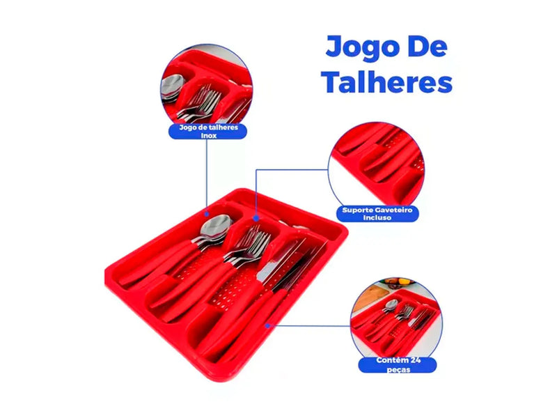 Jogo de Talheres em Aço Inox com 24 Peças e Cabo de Plástico com Organizador de Gaveta Vermelho