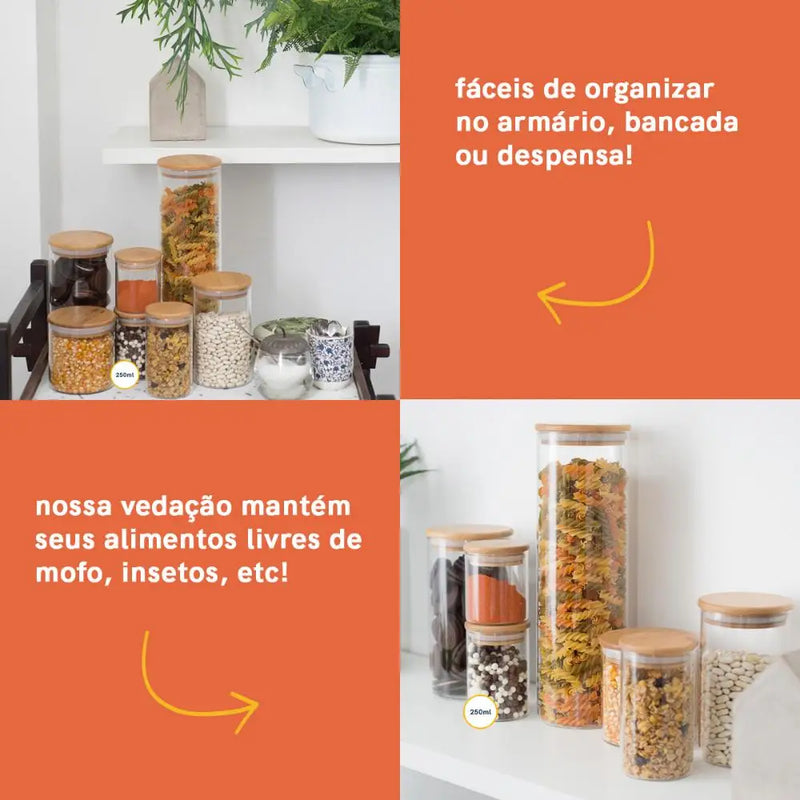 Conjunto com 6 Potes de Vidro Herméticos com Tampa de Bambu – 250 ml OIKOS