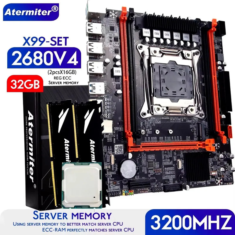 Kit Placa-mãe Atermiter X99 D4 com Xeon E5 2680 V4 LGA2011-3 + Memória 32GB (2x16GB) DDR4 3200MHz REG ECC